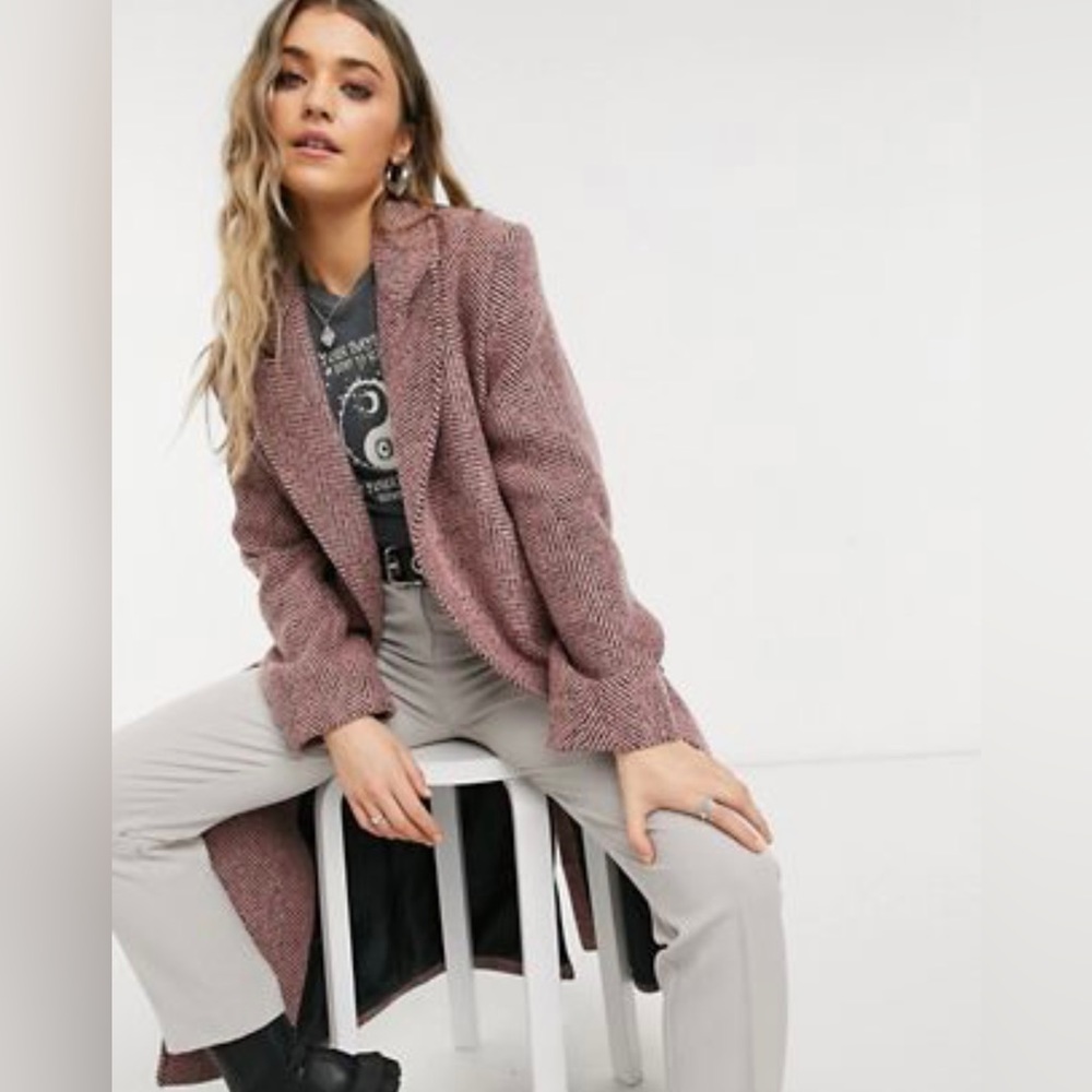 Women’s ASOS DESIGN Pink Herringbone Double-Breasted Oversized Luxury Coat, 12